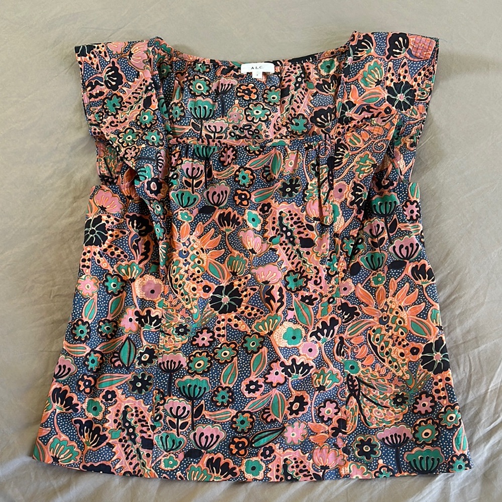 A.L.C. Floral Print Women's Ruffle Sleeve Top - Multicolor, Size 2